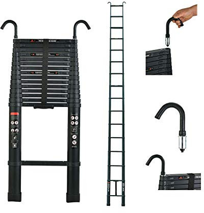 6,2m Teleskopleiter mit Abnehmbarem Haken Ausziehbar Stehleiter Tragbare Aluleiter Robust Mehrzweckleiter Anti-Rutsch Sicherheitsverriegelung Klappleiter 150kg Belastbarkeit (Schwarz)