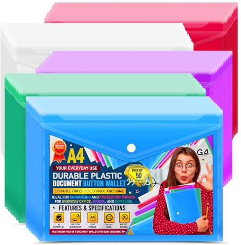 50 Dokumententaschen aus Kunststoff, A4/Foolscap-Format, transparent, mit Druckknopf, verschiedene Farben