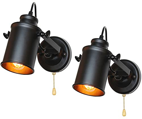 TZSMUM 2 Pack Black Industrial Vintage Wall Lamps, E27 LED Indoor Wall Lights with Pull Cord Switch, Adjustable 180° Swing Arm for Bedroom, Cafe, Living Room