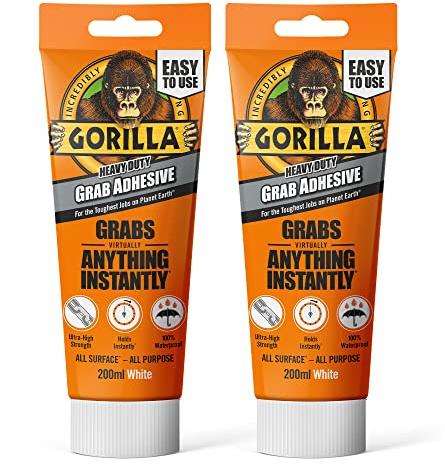 Gorilla Heavy Duty White Grab Adhesive, 200ml Tube (2 Pack) – All-Purpose, Ultra-High Strength & Holds Instantly | 100% Waterproof & Temperature Resistant