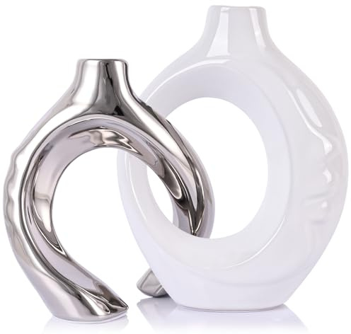 LCCCK Keramikvasen für Heimdekoration, Boho-Vase für Blumen, Pampasgras, dekorativ, hohle Donut-Vase für Wohnzimmer, Tisch, Hochzeit, Tafelaufsatz, modern, klein, weiß und silber