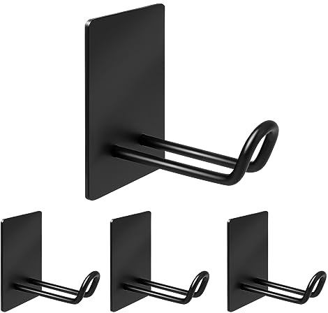 Quavzotu Self Adhesive Hooks Heavy Duty, Large Stainless Steel Towel Hooks, No Drill Sticky Hooks, Long Stick on Shower Wall Hooks for Hanging Hat Coat Key Headphone (Black(4Pcs))