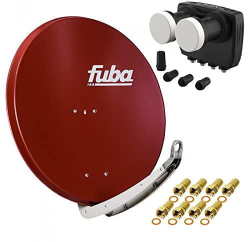 Digital Sat Anlage 2 Satelliten Astra/Hotbird - 4 Teilnehmer | Fuba DAA850R Sat Schüssel 85cm Ziegelrot + DUR-line MB6-QS Monoblock Quad LNB 6° (DVB-S2, HDTV, 4K/8K, 3D) + 8xF-Stecker vergoldet