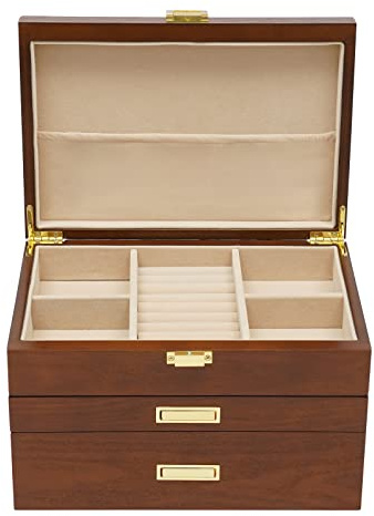 3-Schichten Schmuckkasten aus Holz, Schmuckaufbewahrung, Schmuckschatulle, Massivholz-Organizer Aufbewahrungsbox mit Schloss und Spiegel für Schmuck, Ringe, Ohrringe, Braun