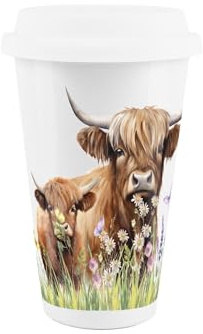 Highland Cow Ceramic Travel Mug - Mum & Calf Reusable Silicone Lid Double-Walled Insulated Hot/Cold Drinks Tea Coffee Gift Mug
