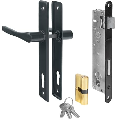 ADGO Drücker garnitur Türgriff+Türschloss zylinder+Schloss mit schlüssel Garagentorgriff 90 mm Braun Schließzylinder 30/30 mm Schlüssel Einbaufertiges Kit (Graphit), ADG.KW90WZ.BR