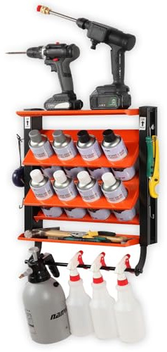 Wallmaster Soporte para latas de aerosol, estante de almacenamiento de pared para latas de lubricante, organizador de botellas de pintura resistente para garaje y hogar, 8 agujeros para latas y 2