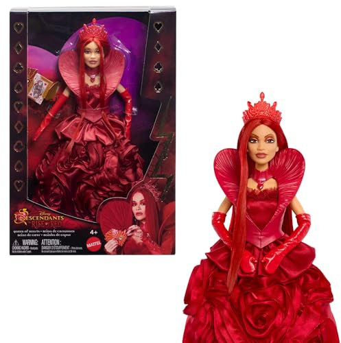 Mattel Disney Descendants 4: The Rise of Red“ Herzkönigin-Modepuppe mit vom Film inspirierter königlicher Robe und Accessoires, einschließlich Puppenständer, HWV09