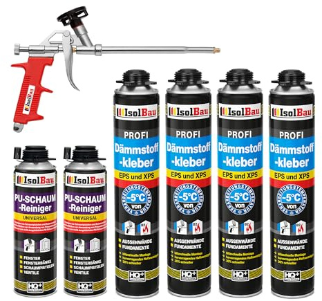 Isolbau B2 Dämmstoffkleber SET - 4 x 750 ml Perimeterkleber, 2 x PU-Schaum-Reiniger & 1x Schaumpistole für EPS & XPS-Platten - 1K PU-Klebeschaum für Fixieren & Befestigen