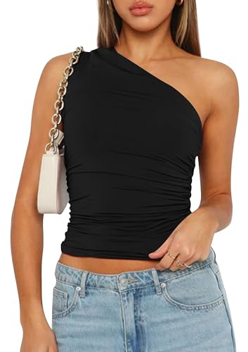 YILEEGOO Kvinnor Sexig Ärmlös One Shoulder Crop Tank Tops Rynkad Tight Smal Passform Y2K Väst Topp Trendig Cami Gå ut Toppar, Z1 Svart, L