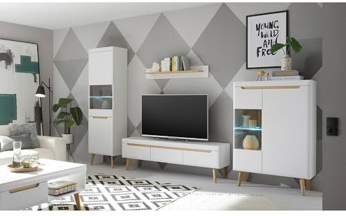 Lomadox Wohnzimmer komplett Set in Weiß Matt mit Eiche, 5-teilig inkl. Couchtisch, Standvitrine, TV-Lowboard, Wandboard, Vitrine und Beleuchtung