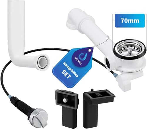 Aquade Siebkorbventil 70mm - Siebkorb Spüle - Siphon Spüle - Sifon Spüle Set Für Küche - Spülbecken Abfluss - Modell: Raumschaffer + Abtropfüberlauf und Standard Überlauf + Bowdenzug