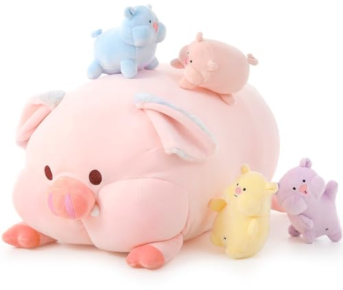 MorisMos 50cm lang Rosa Schwein Kuscheltier mit 4 Baby im Bauch, Süße Riesen Schwein Plüschtier Stofftier, weich pigteddy Kissen wurfkissen Kinder Baby