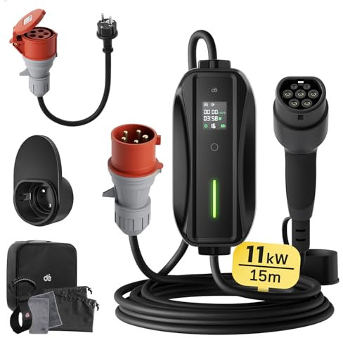 dé Mobile Wallbox/Ladestation 11kW [3-phasig|15m|6-16A] mit Einstellbarer Ladeleistung, Ladekabel CEE 16A auf Typ 2 und EV Ladegerät für Model Y/3, ID.3/4/5, MG4, EX30, e-up, e-tron, Zoe und andere EV