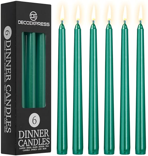 DECO EXPRESS Candles Set, Pack of 6 Classic Dripless Tapered Metallic Dinner Candles, Unscented with 8 Hours Burning Time, Home, Valentine’s Day & Mother’s Day Decor Idea (Metallic Pine, 6 Pack)