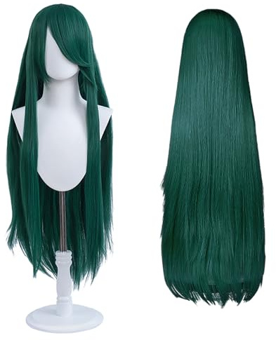 100 cm lång peruk, universell anime kostym cosplay peruk, perfekt för fest, dagligt bruk, festivaler och Halloween, idealisk för TV, film, anime spelkaraktär cosplay (Mörkgrön)