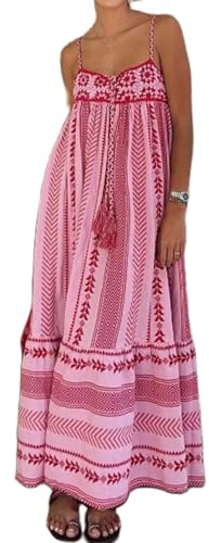 Owegvia Vestido largo de verano floral para mujer, estilo bohemio, con tirantes delgados, color rojo, bohemio, vestido de playa, rosso, L