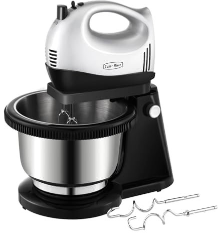 Hand and Stand Mixer Electric Set for Baking, Lightweight Mixer with Stainless Steel Bowl, 5 Speed 300W Motor with Turbo Function, 2 Beaters, 2 Hooks. Silver, Eject Easily, S3A