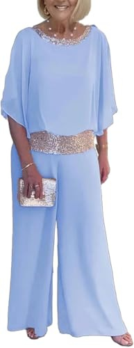 Conjunto de Pantalones de Dos Piezas de Gasa para Mujer 3/4 de Lentejuelas Manga de murciélago Elegante pantalón Trajes Formales Fiesta de Noche (Azul Cielo,XXL)