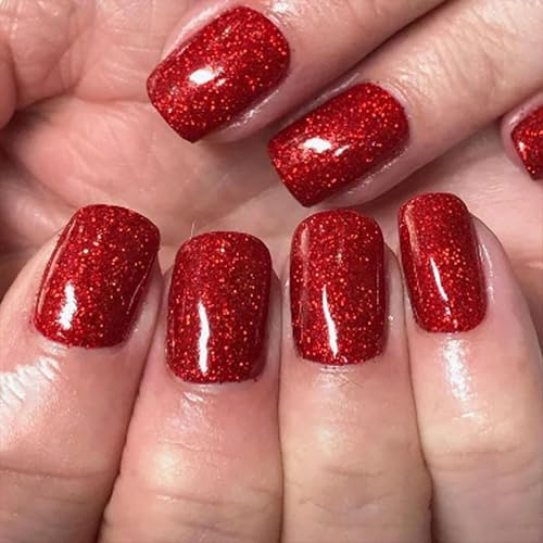 Press on Nails - Lot de 24 faux ongles courts - Paillettes rouges - Couverture complète avec colle à ongles - En acrylique - Pour femmes et filles - Motif de Noël (cœur rouge, 24 pièces)