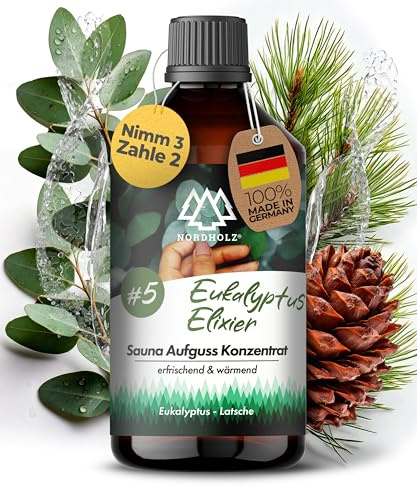 NORDHOLZ® Saunaaufguss 250ml [60 Sorten] Premium Aufgussmittel Konzentrat | Besonderer & natürlicher Sauna Duft für intensive & erholsame Momente - Manufaktur Qualiät Made in Bayern (#5 Eukalyptus)
