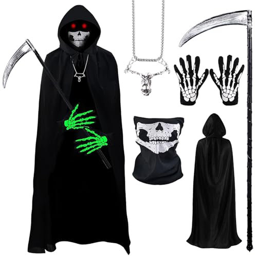 Halloween Sensenmann Kostüm Herren Robe mit Kapuze, 5Pcs Reaper Halloween Kostüme Set mit Sensemann Umhang Totenkopf Sense Maske Halsketten Handschuhe für Unisex Rollenspiele Party Karneval Cosplay