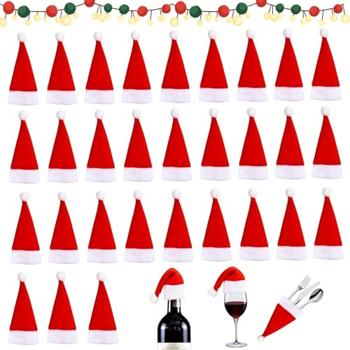JIEBAO 30 Stück Mini Weihnachtsmütze, Kleine Weihnachtsmützen, Nikolausmütze Klein, Mini-Weihnachtsmütze, für Weihnachten Diy-Handwerk Tischdekoration, Flaschen Deko Weihnachten