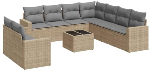 HETFTJN Küchensofa Lounge Sofa Outdoor Garden Sofas Mini Lounge - 10-TLG. Garten-Sofagarnitur mit Kissen Beige Poly Rattan für Balkon Schwimmbad Garten Speisesaal