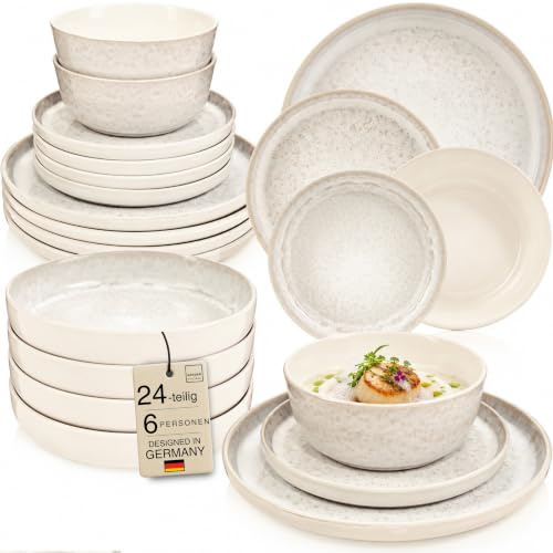 SÄNGER Key West Steingut Geschirrset 6 Personen, Teller Set 24-tlg Creme | Handmade Geschirr Set, Tafelservice: Speise &Dessertteller, Müslischalen & Pastateller, spülmaschinen- & mikrowellengeeignet