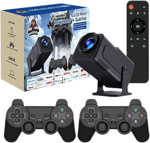 Game Projector，G320 MINI Game Projector，2IN1 Android Projector With 2 Wireless Game Controllers Built-in 20000+ Games