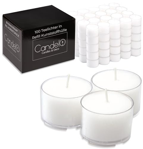 Candelo 100 Teelichter 8 Stunden lange Brenndauer ohne Duft - Transparente Kunststoff Hülle - Großpackung Teelichte geruchsneutral in Weiß