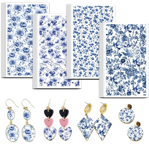 OLYCRAFT 24pz 4 stile Carta Da Trasferimento In Argilla con Fiori In Porcellana Blu 4 stile Carta Da Trasferimento Floreale Piccola Fogli di Argilla Polimerica con Fiori Blu per Orecchini Gioielli