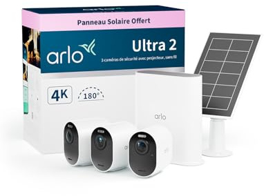 Arlo Ultra 2 Camara de Vigilancia WiFi Exterior 4K + Panel Solar, Camara de Vigilancia WiFi Interior, Sensor de Movimiento, Visión Nocturna Color, Prueba Arlo Secure Incluida, 3 Cámaras, Blancas