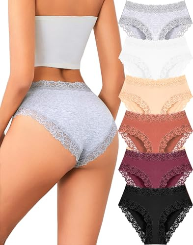 ALL OF SHE Womens Cotton Underwear Cheeky Bikini Panties Sexy Lace Briefs Soft Stretch Lingerie for Ladies Underwear Pack 6
