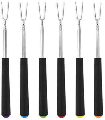 Bâtonnets de rôtissage for guimauves Smores, brochettes télescopiques 1/5 et fourchettes à hot-dog avec manche en bois for feu de camp Kit de barbecue en acier inoxydable for camping en plein air Coul