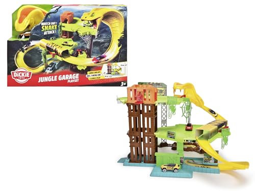 Dickie Toys - Circuit de Course Jungle Garage (50 x 55 x 32 cm) avec Voiture Jouet en métal – Parking sur 3 étages avec Ascenseur et Tunnel, autoroute Jouet pour Enfants à partir de 3 Ans
