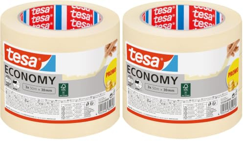 tesa Malerband ECONOMY - Vielseitiges Klebeband für Malerarbeiten ohne Lösungsmittel - Bis zu 4 Tage nach Gebrauch rückstandslos entfernbar, 3x 50 m x 30 mm (Packung mit 2)