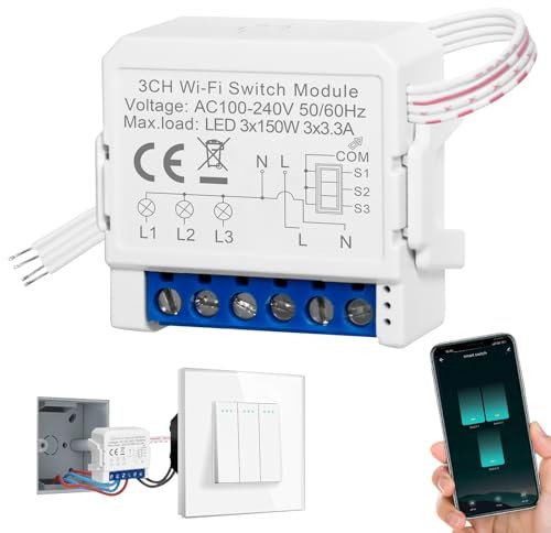 SOARFLY Interruttore WiFi 3 Vie (3P), Interruttore Smart Wifi 2.4GHz, Interruttore Alexa Luci Smart Home, DIY Mini Smart Switch Con Smart Life Tuya APP, Interruttore WiFi Alexa Con Vocale/Timer