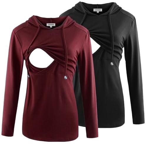 GINKANA Damen Still-Kapuzenpullover, Sweatshirt, Langarm, Stillen, Umstands-Top, Freizeitkleidung, Schwarz + Burgunderrot, Groß