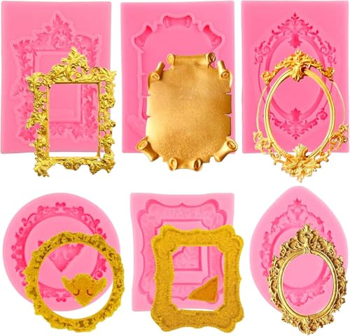 6 Stück 6 Größen rosa Rahmen Fondantform, Silikonrahmen Fondantformen,Vintage-Fotorahmen/Vintage-Fotorahmen Fondantform zum Kuchendekorieren,Bilderrahmen Silikon Fondantformen