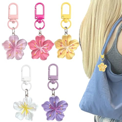5 Stück Kirschblüte Schlüsselanhänger Damen Bunt Blume Taschenanhänger Kawaii Cherry Blossom Flower Bag Charms Cute Keychain Aesthetic Blumen Anhänger Tasche Key Chain Bulk Süße Floral Taschen Charms