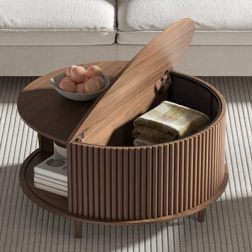 Table basse ronde avec rangement, design moderne du milieu du siècle, porte d'armoire coulissante pour salon, petit espace, table centrale cannelée de 80 cm, noyer