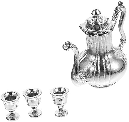 Vaguelly Scale Dollhouse Decor Vintage Silver Mini Teapot and Tea Cups for Doll House Accessories Realistic Miniature Houseware Ornament