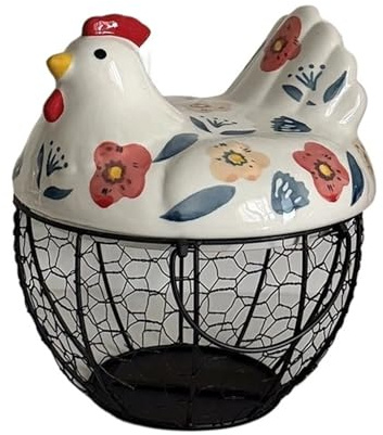 Cestino portauova in ceramica con motivo a gallina, in ferro, for 20-25 uova, portauova, custodia organizer, contenitore portauova(White Flower basket)