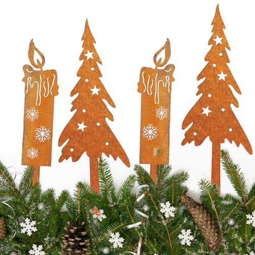Mecctuck 4 Stück Weihnachtsdekoration aus Blech, Gartenspieße, Weihnachtsdekoration, Außendekoration, Weihnachtsdeko für Advent, Weihnachten, Garten, Terrasse, Balkon