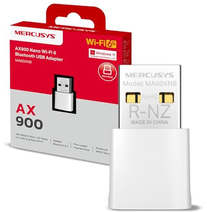 Mercusys TP-Link MA60XNB AX900 WiFi 6 USB, Bluetooth 5.3, Chiavetta WiFi per PC Fisso, Dual Band 5GHz 600Mbps + 2.4 GHz 287 Mbps, Supporta Windows 11/10, Design Nano, MU-MIMO, OFDMA, WPA3