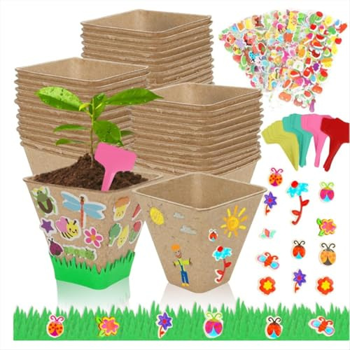 HWJAHQ 50 Set Garden Paper Pot Craft Kit,50Pcs Mache Pots Peat Plant with 20set Foam Stickers & 50Pcs Labels