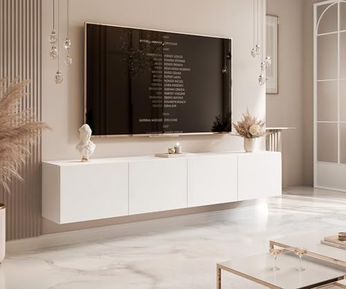 IDOHOME TV Lowboard hängend mit LED und 4 Fächern 200 cm Weiß Matt | 200 x 40 x 36 cm, Laminierte Platte, Mehr Stauraum, Push to Open, TV Zubehör, LED Beleuchtung