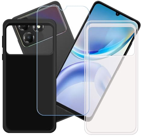 CongJiaLingXi Funda para ZTE Blade A36 (6.75) + Screen Protector, [2 Piezas] Negro + Translúcido Suave Silicona Caso + Cristal Templado Film Vidrio.