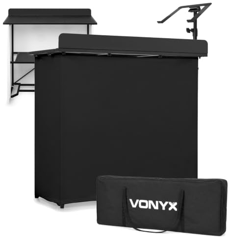 Vonyx Foldable Mobile DJ Booth Stand Package With Carry Bag and Integrated Laptop Stand – An All-in-One Portable DJ Solution For Mobile Events, Cubs, or Home Studios.